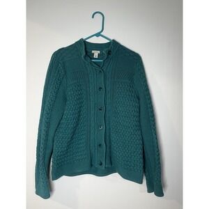 LL Bean Cable Knit Sweater Womens Size M Cardigan Button Front Turquoise Blue
